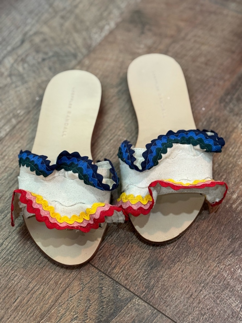 Loeffler Randall Cream Slide Sandals with Multicolor Ruffle Trim